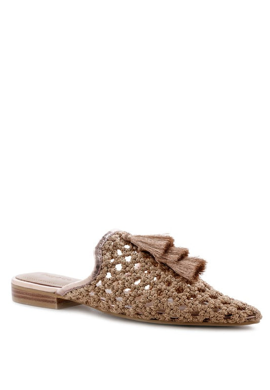 MELANIE WOVEN FLAT MULES WITH TASSELS