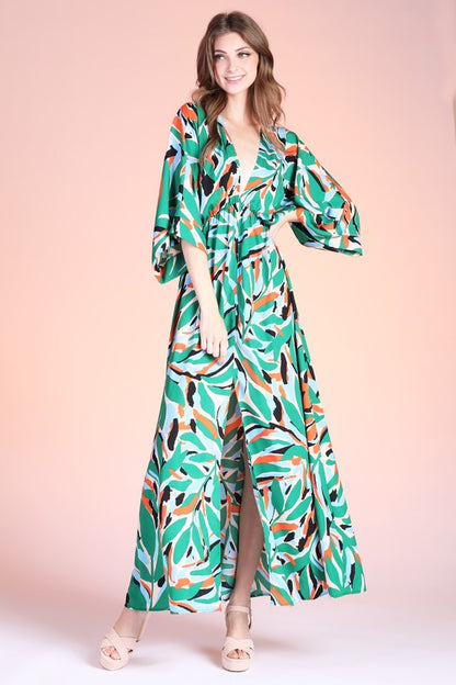 Kalo Leaf Print Kimono Maxi