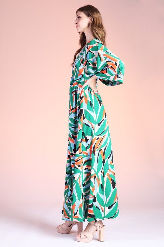 Kalo Leaf Print Kimono Maxi