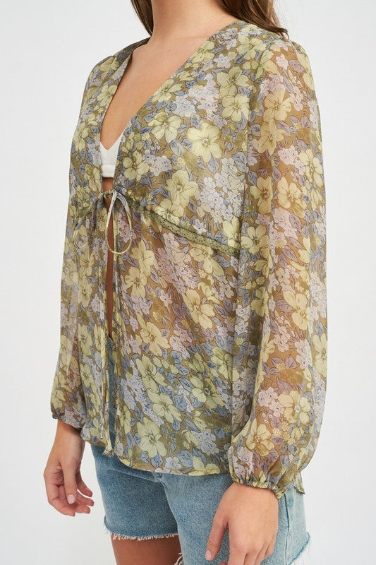 FLORAL LONG SLEEVE SHEER BLOUSE