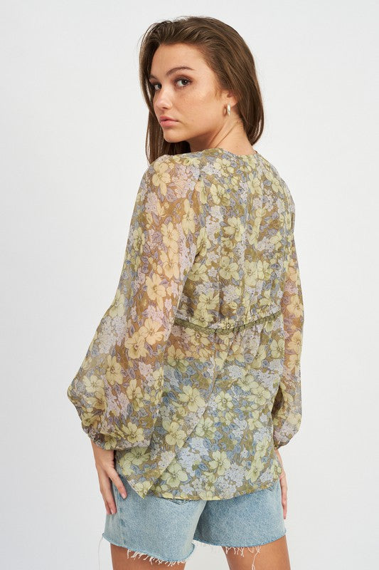 FLORAL LONG SLEEVE SHEER BLOUSE