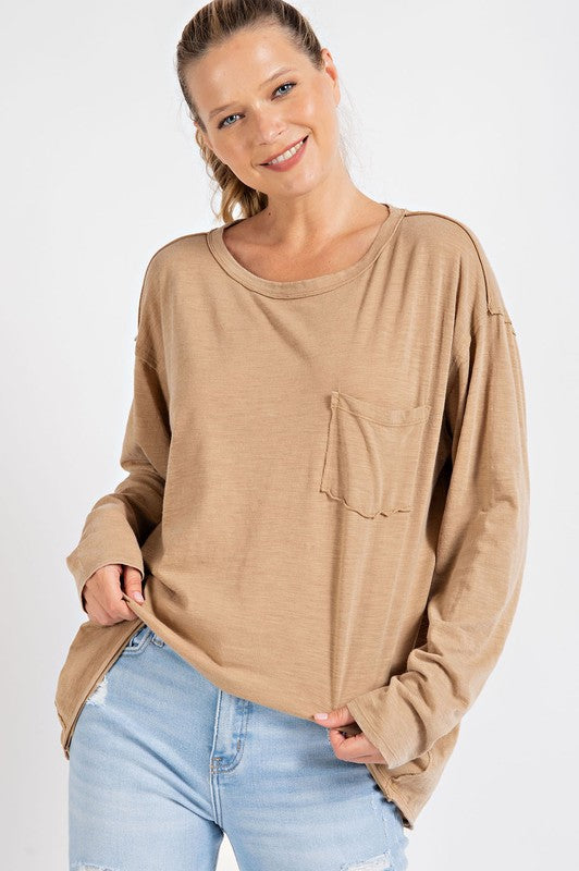 MINERAL WASHED ROUND NECKLINE LONG SLEEVES TOP