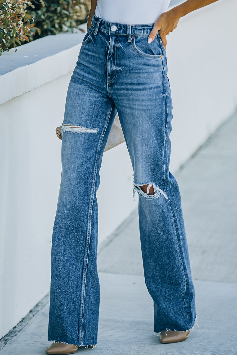 High-Rise Distressed Raw Hem Jeans