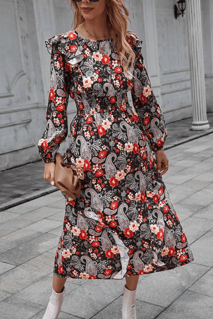 Floral Round Neck Long Sleeve Midi Dress