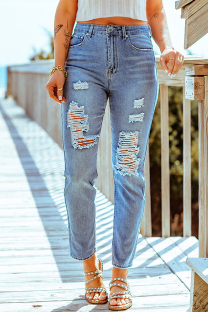 Distressed Ankle-Length Straight Leg Jeans