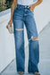 High-Rise Distressed Raw Hem Jeans