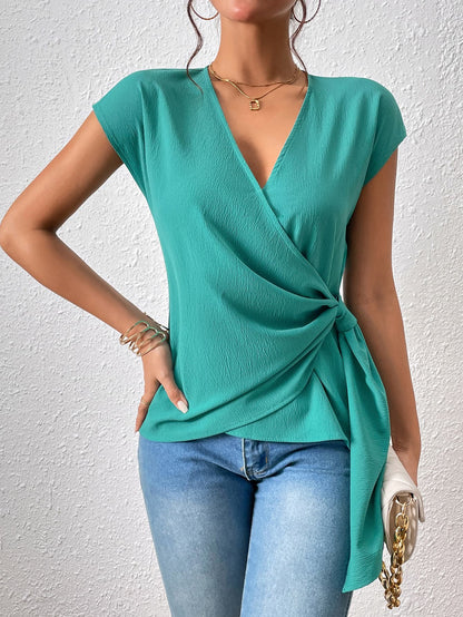 Tied Surplice Neck Short Sleeve Blouse