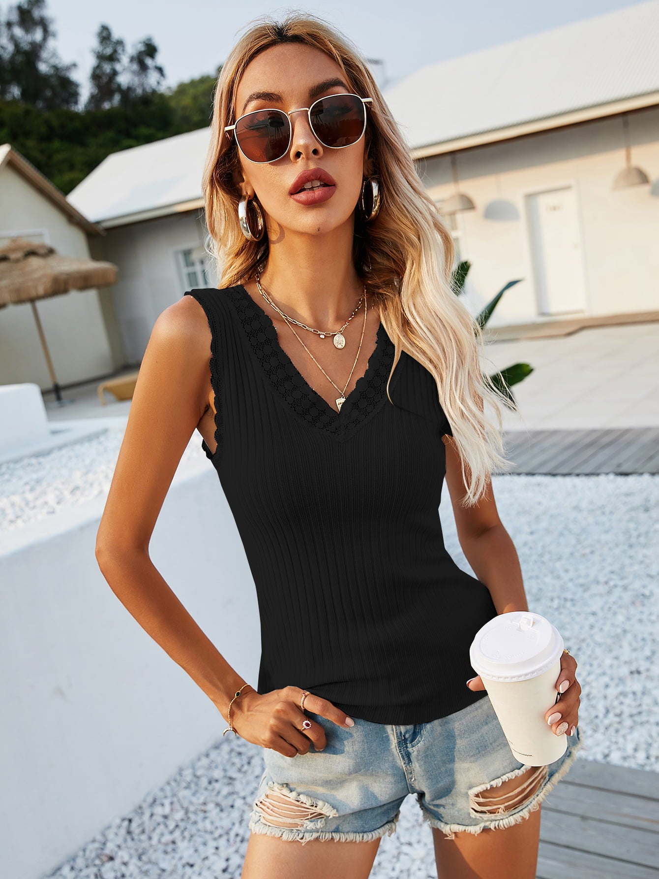 Lace Trim V-Neck Ribbed Knit Tank