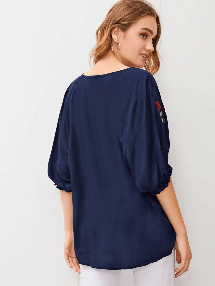 Embroidered Round Neck Flounce Sleeve Blouse