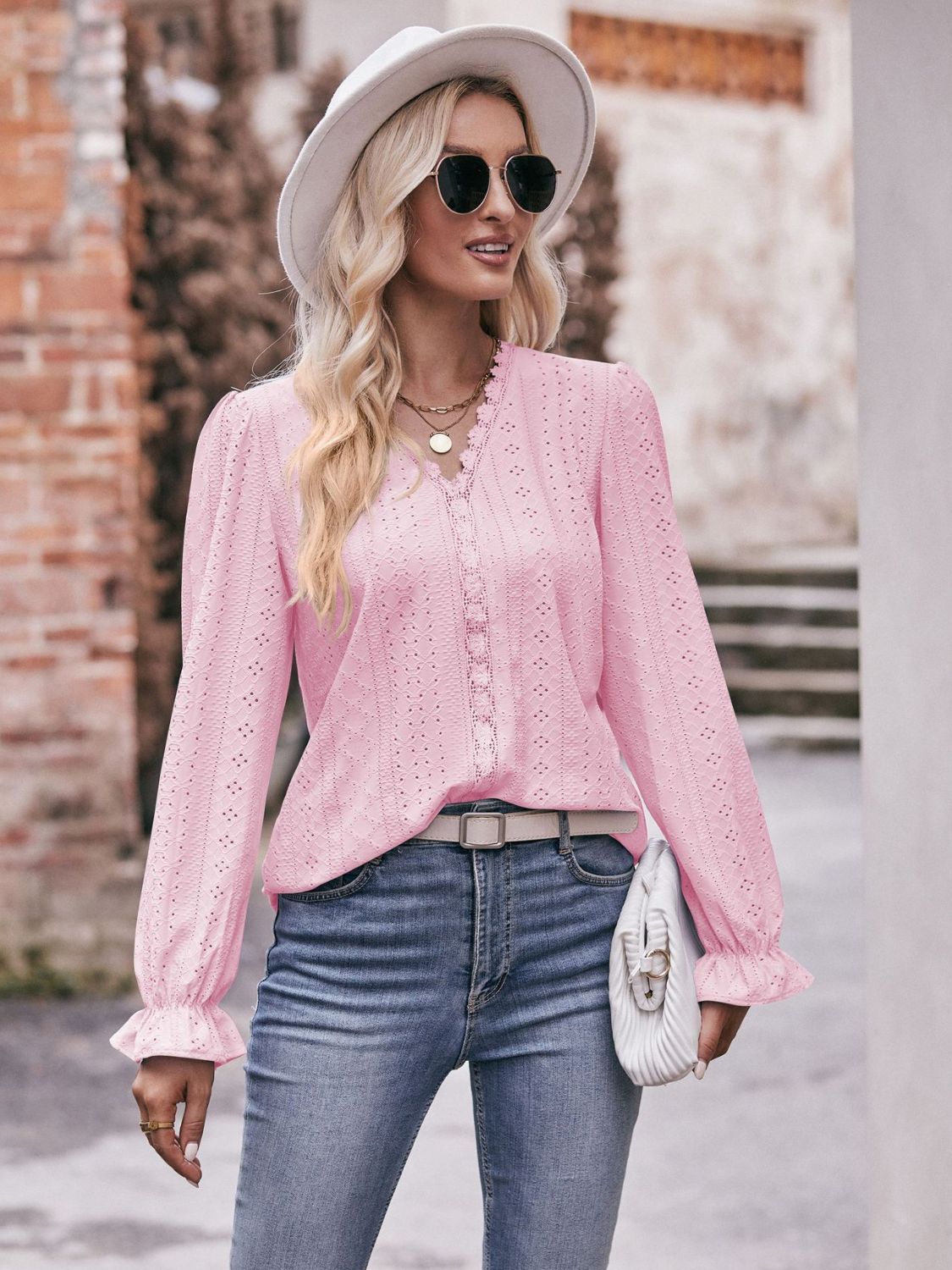 Eyelet V-Neck Flounce Sleeve Blouse