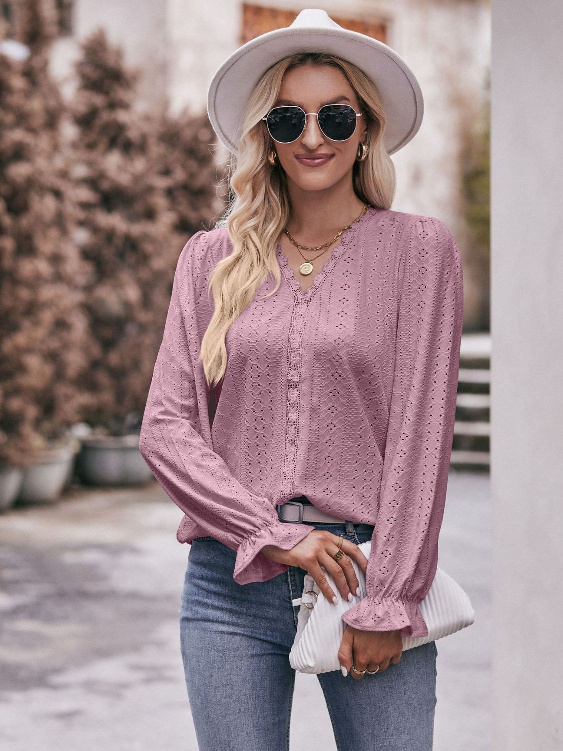 Eyelet V-Neck Flounce Sleeve Blouse