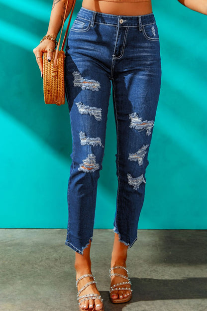 High-Rise Distressed Hem Detail Jeans