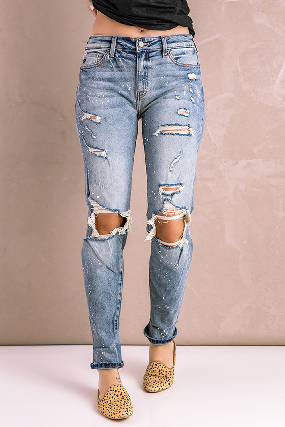 Splatter Distressed Acid Wash Jeans with Pockets